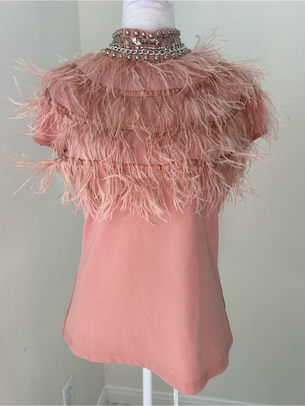 Gracia Vegan Feather-Trim Blush Pink Cap Sleeve Embellished Mock NeckTop, Sz. L